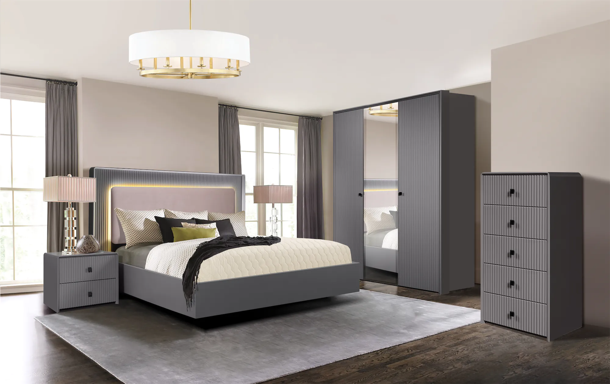 Спальня Сэвільля ў шэрым колеры