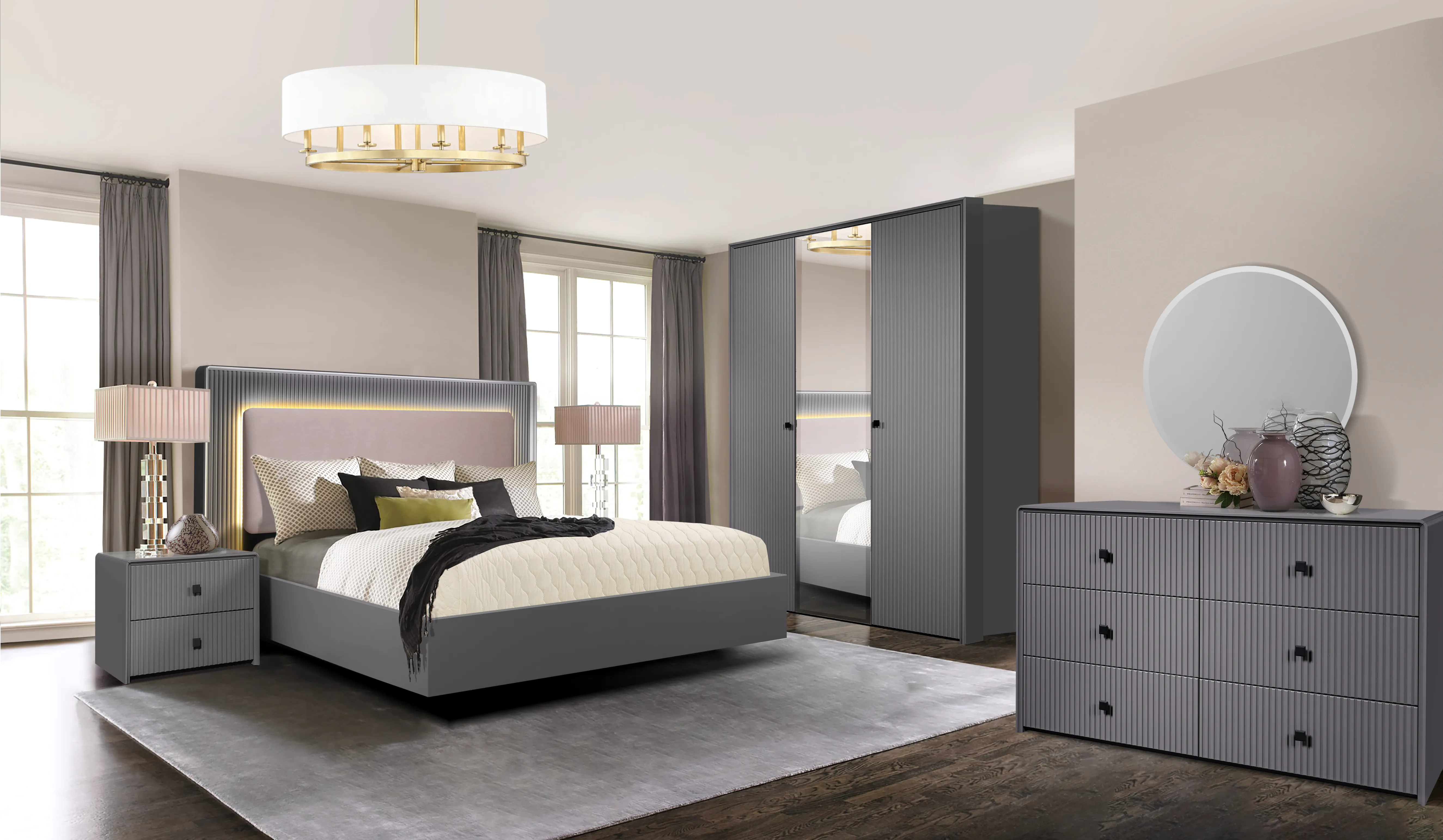 Спальня Сэвільля ў шэрым колеры